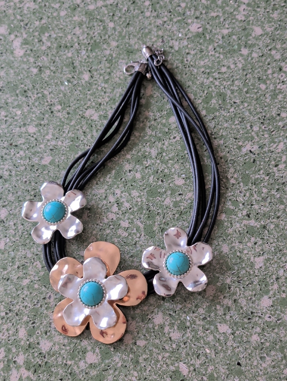 Turquoise Center Floral Necklace with Black Multi-Strand Cord